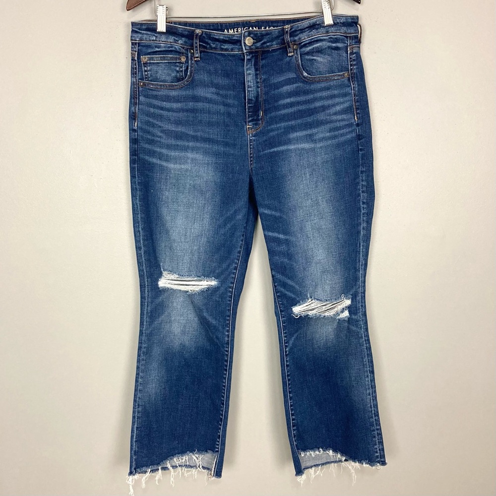 American Eagle Hi-Rise Crop Flare Jeans Women’s Size 14 Short Distressed Denim